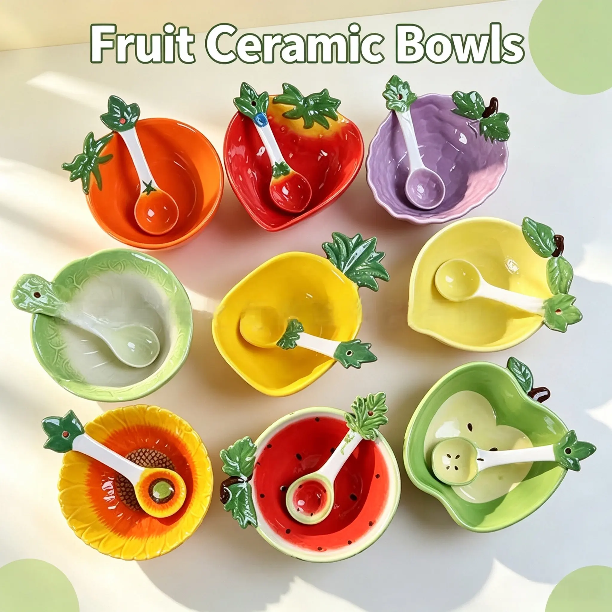 Ceramic Bowl Spoon Set, Cartoon 3D Hand-Drawn Fruit Bowls, Sweet Dessert Salad Bowls, Home Breakfast Afternoon Tea Artistic Tableware