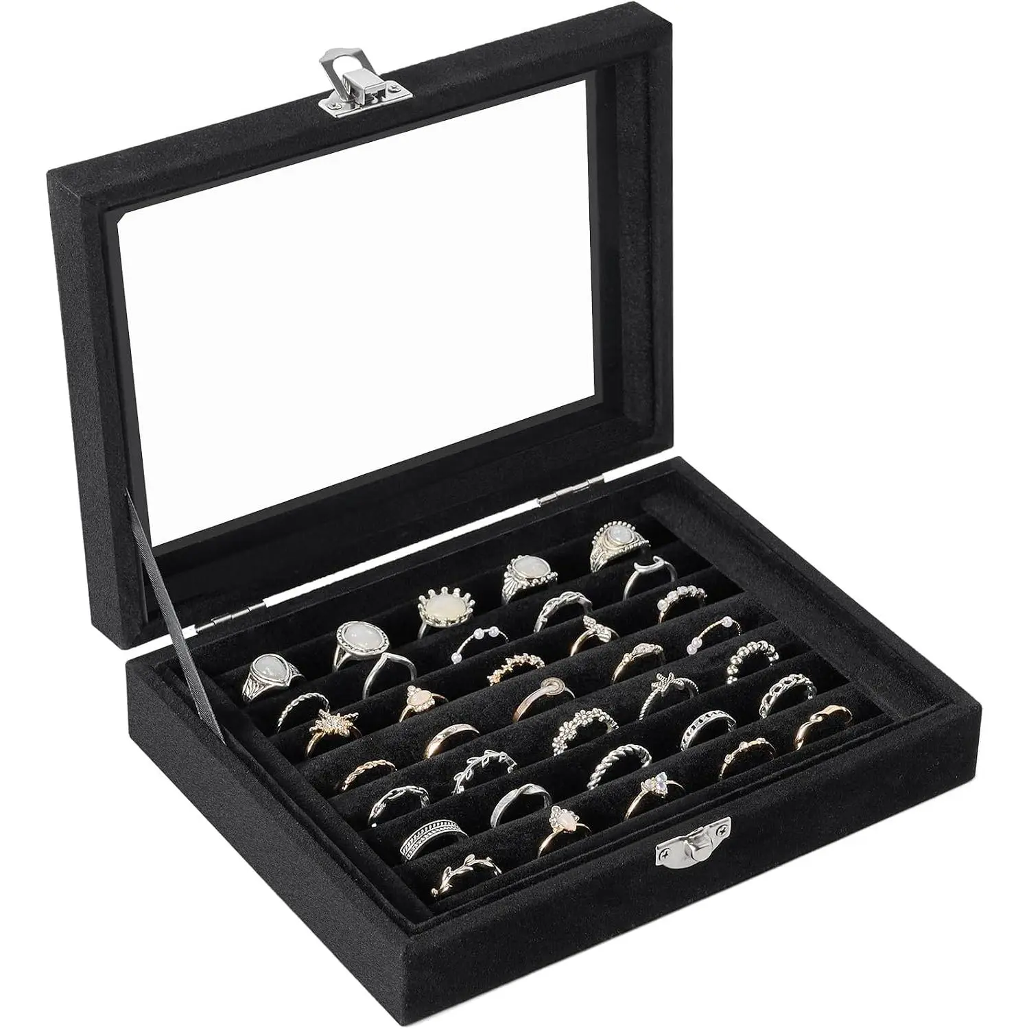 Ring Organizer Box, 7 Slots  Holder with Glass Lid Earring Display Tray Storage Case  for Women and Girls (Black)