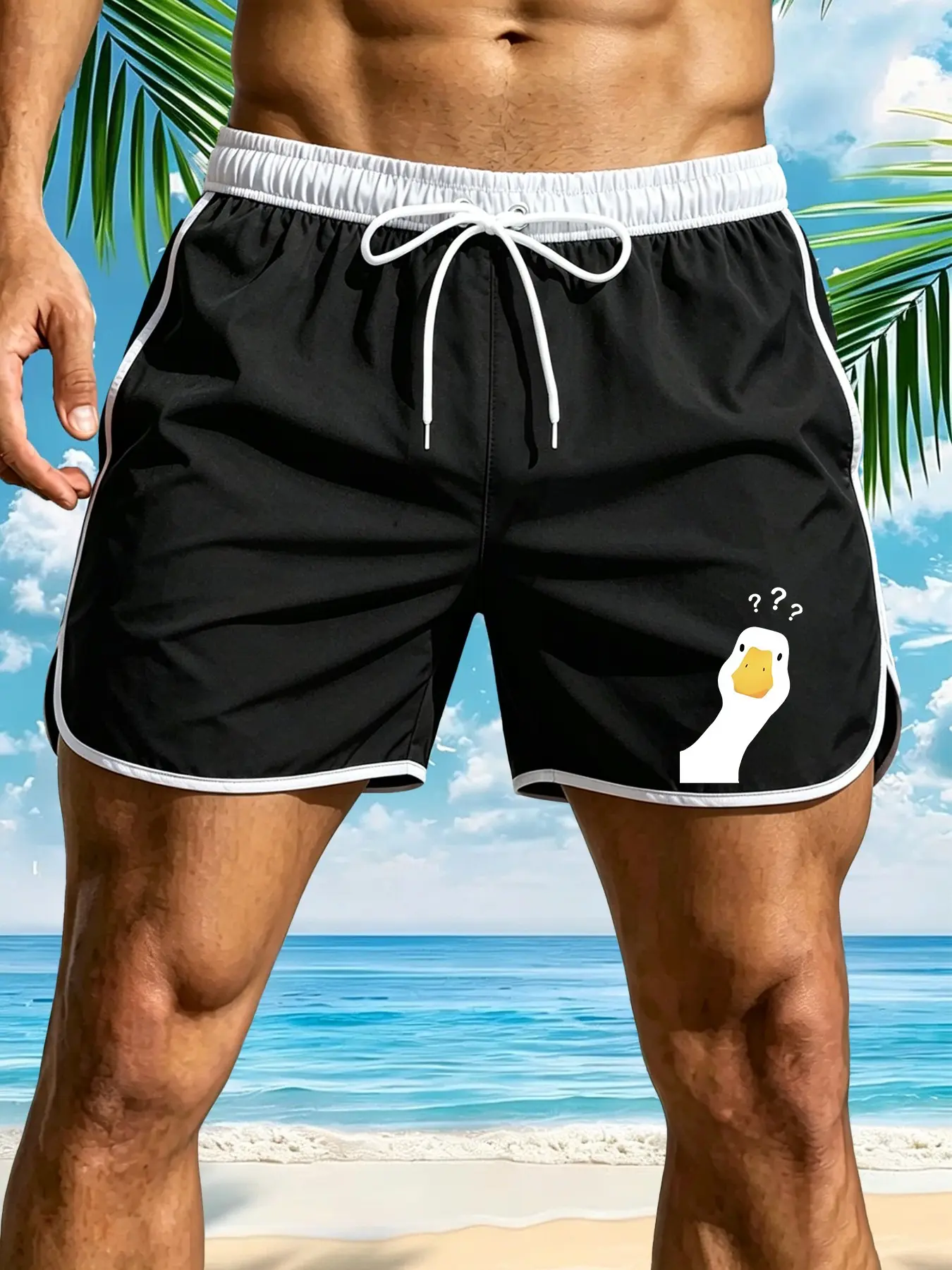 Men's Cartoon Print Beach Shorts, Quick Dry Waterproof Swim Trunks, Fitted Above Knee, Tropical Pattern, Casual Style, Summer Fashion