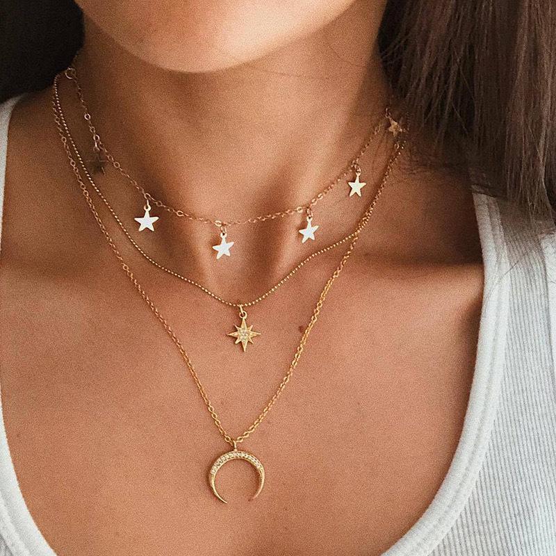 Gold Layered Star Moon Pendant Necklace for Women, Dainty Multi-Chain Necklace Set