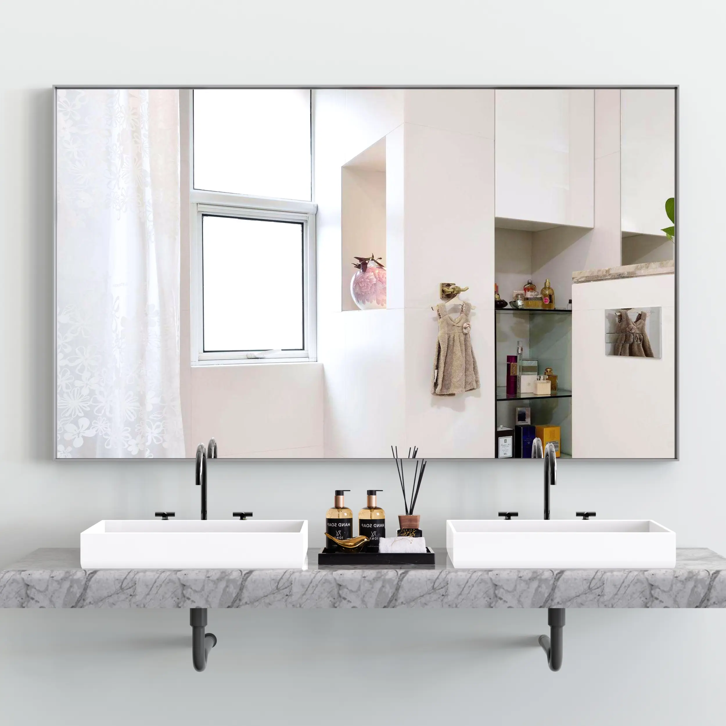 60x36 in Oversized Modern Rectangle Wall Mirror - Durable Silver Aluminum Frame, Light Sleek Polished Metal Finish, Large Decorative Vanity Mirror for Bathroom, Vertical-Horizontal Wall Mounted, Reflection-Focused Contemporary Home Supply