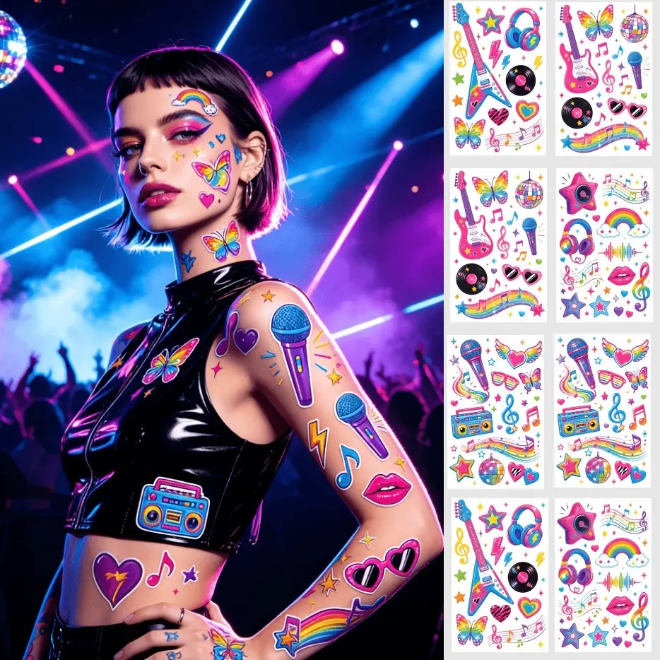 8 Sheets Colorful Music Festival Temporary Tattoos, Note Sheet Disco Guitar Microphone Design, Party Stage Show Body Art Decorations