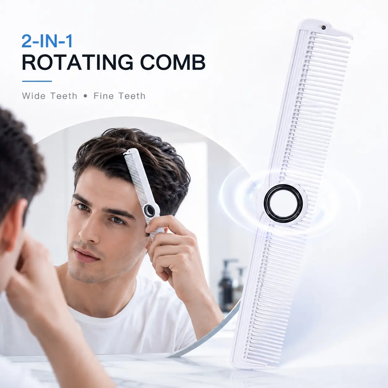 A professional 2-in-1 styling comb featuring 360° rotation and a combination of wide and fine teeth; designed for a secure, single-finger grip, it is ideal for fades, detangling, sectioning, and precision styling. Hair Styling Combs