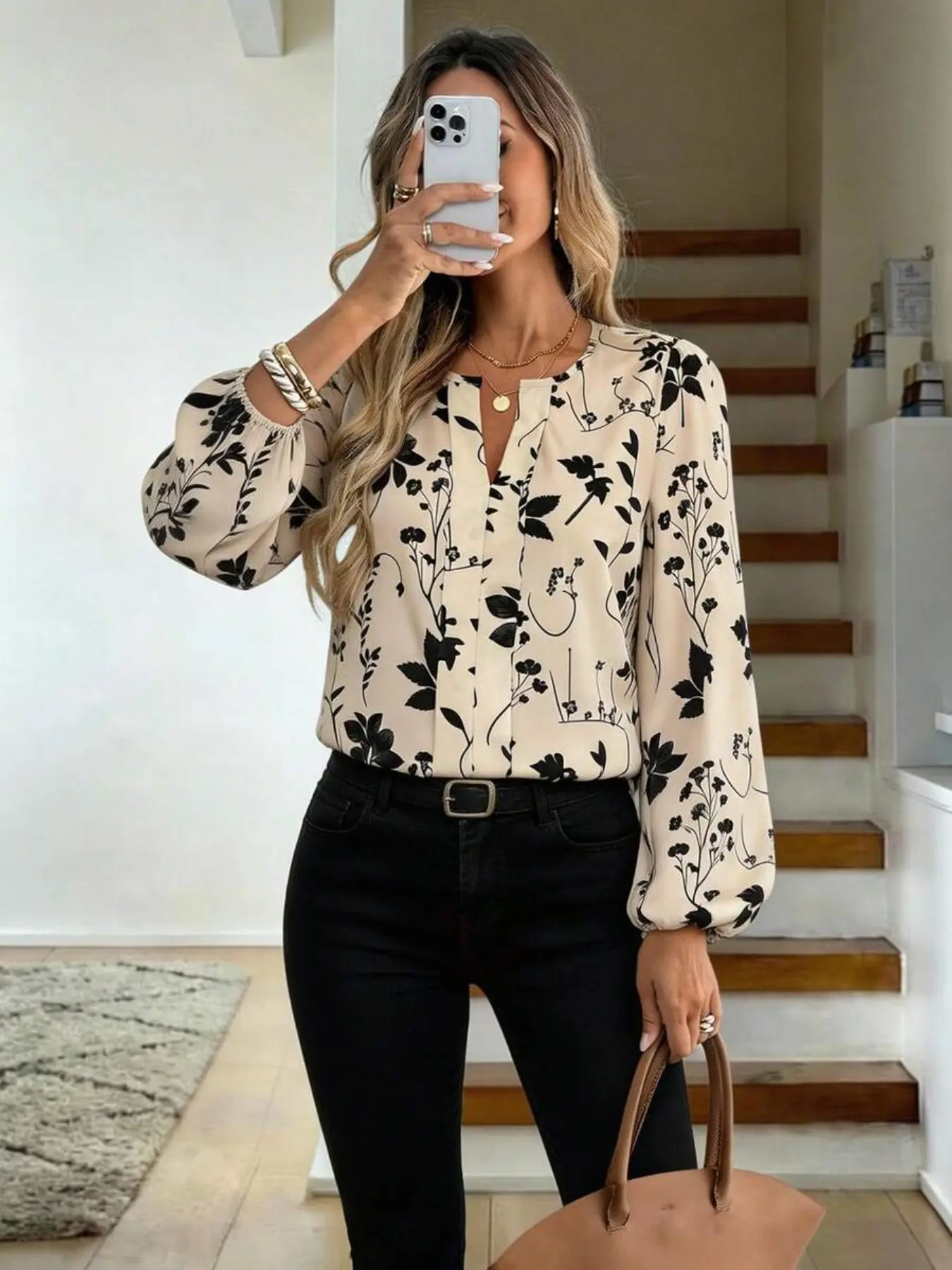 Women's V Neck Fashion Boho Chic Floral Leaf Print Blouse, Fitted Long Sleeve Shirt, French Vintage Casual Loose Fit, Versatile Floral Commute Top, Bohemian Fitted Top