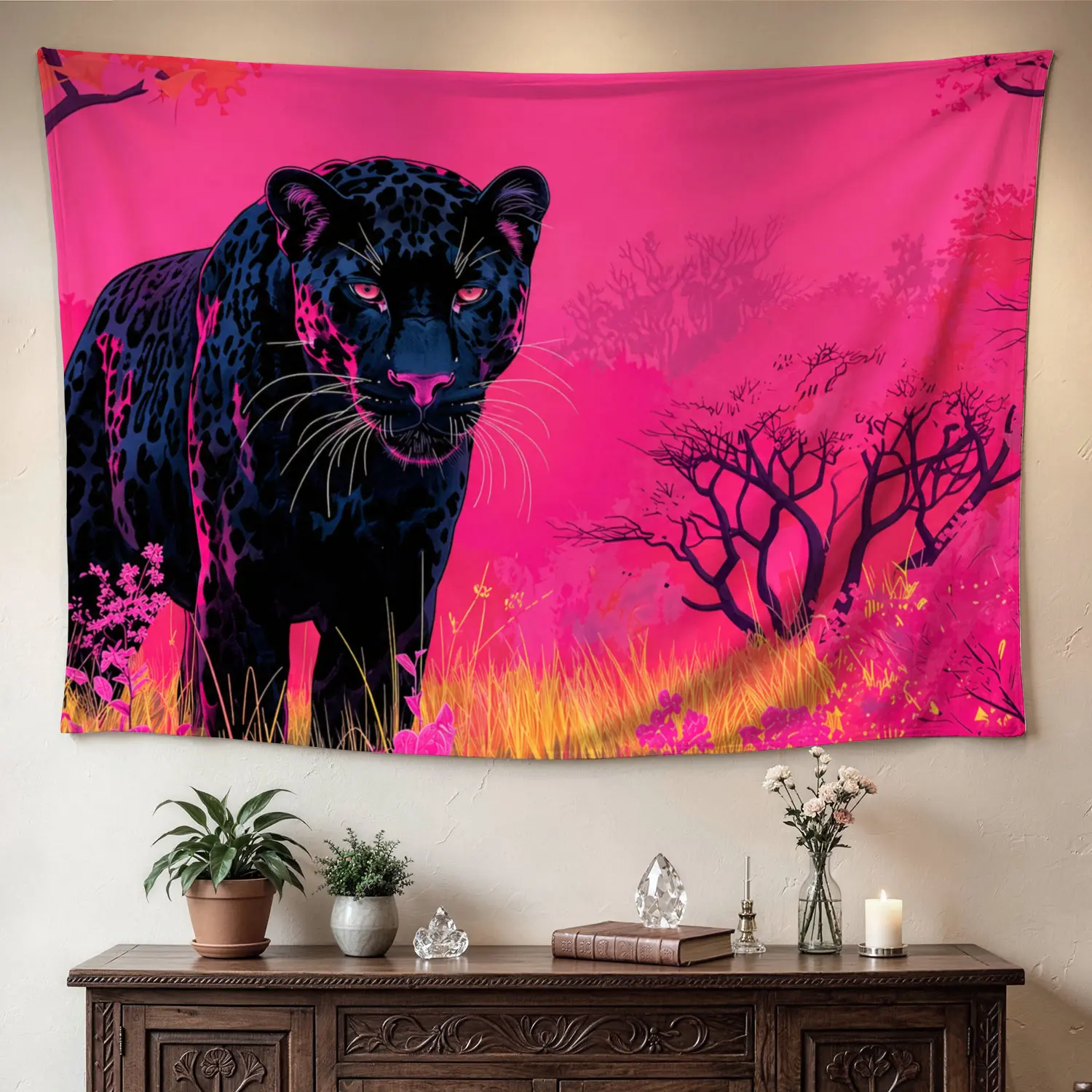 Neon Pink Jungle Black Panther Wall tapestry,Large size Printed Horizontal Tapestry blanket,Polyester Fabric Wall Hanging for living room,bedroom,No Installation Required,Indoor,Outdoor,Gift for Family and Friends