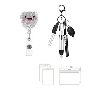 Smile Teeth Badge Roll Set, Adjustable ID Badge Clip + Multi-Function Pen + Transparent ID Card Holder, Silver Color for Dental Assistants & Students