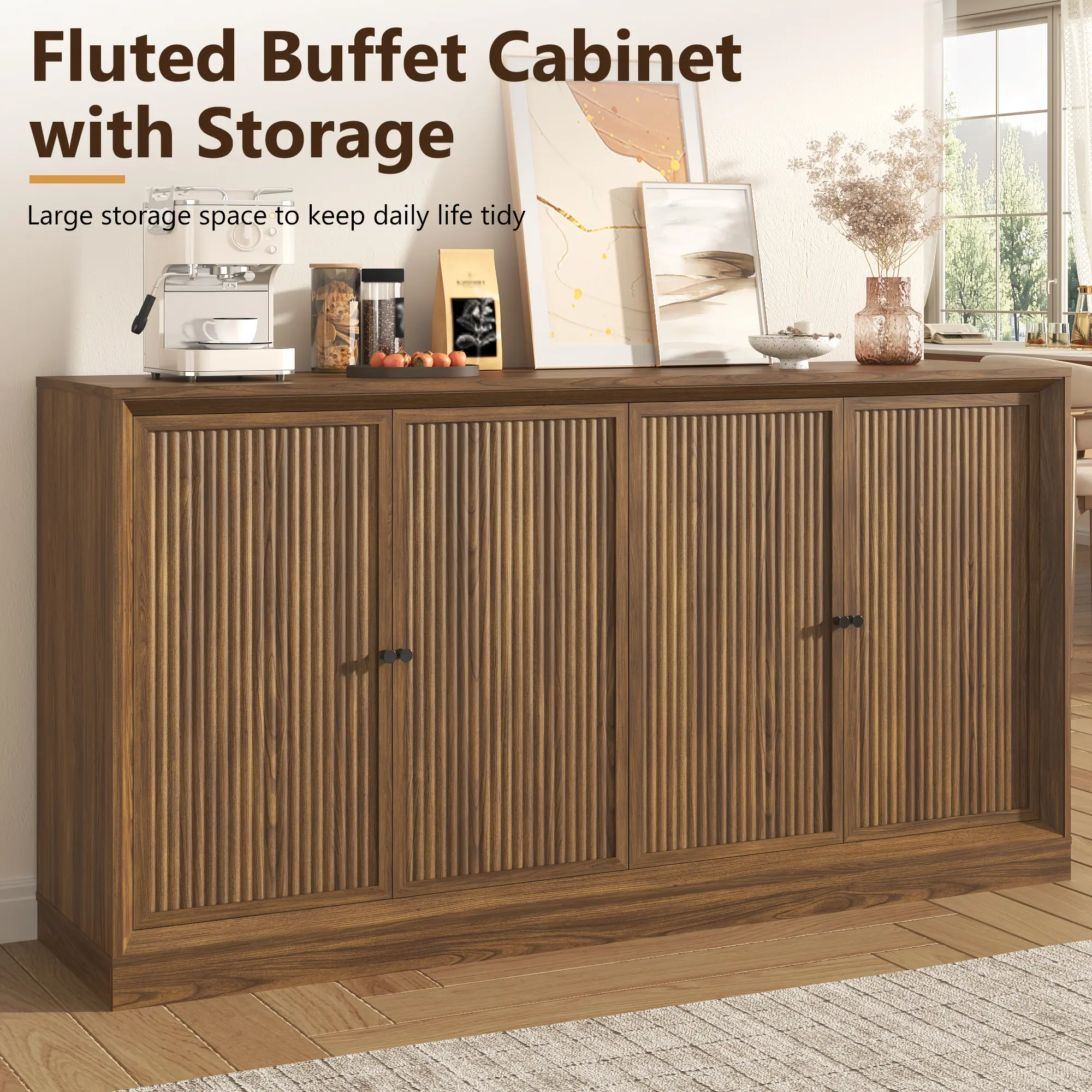 63" Rectangular Modern Fluted Sideboard Cabinet - Fluted Doors, Soft-Close Hinges, Vertical Textures, Ample Storage Space