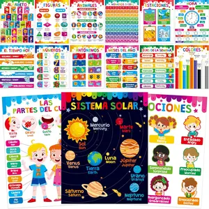 15 Packs Bilingual Spanish & English Educational Posters, Thick Waterproof Tearproof with PET Film, Early Language Learning Tool for Preschool Kindergarten Elementary Kids