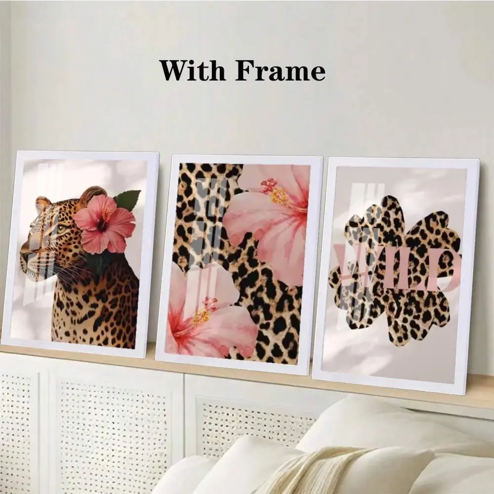 3 Pieces/set of Optional Wooden Frame, Funky Y2K Leopard Hibiscus Flower Pink Cheetah Canvas Print, Vintage Hawaiian Aloha Animal Art, Floral Boho Print, Vintage Prints, Home Decor Posters, Wood Wall Art, Vintage Room Decor, Aesthetic Wall Decor