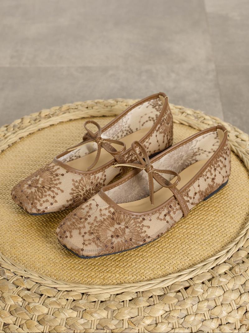 Women's Embroidered Mesh Ballet Flats, Elegant Square-Toe Flat Shoes for Parties and Daily Wear, Lightweight Breathable Comfortable Footwear for Women & Girls