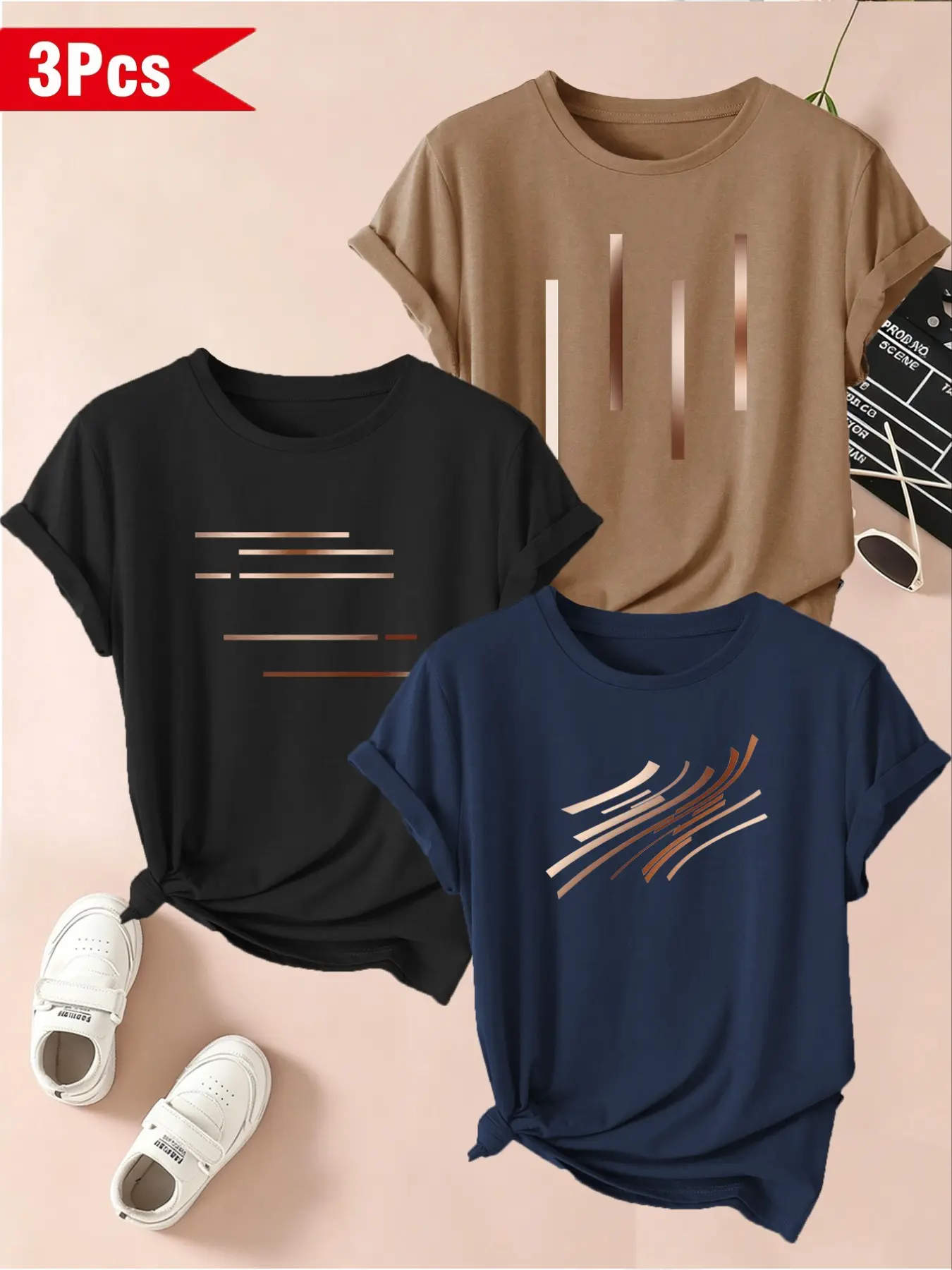 Women's 3-Pack Abstract Geometric Print T-Shirts, Round Neck Short Sleeve, Soft Stretch Fabric, Breathable, All Seasons