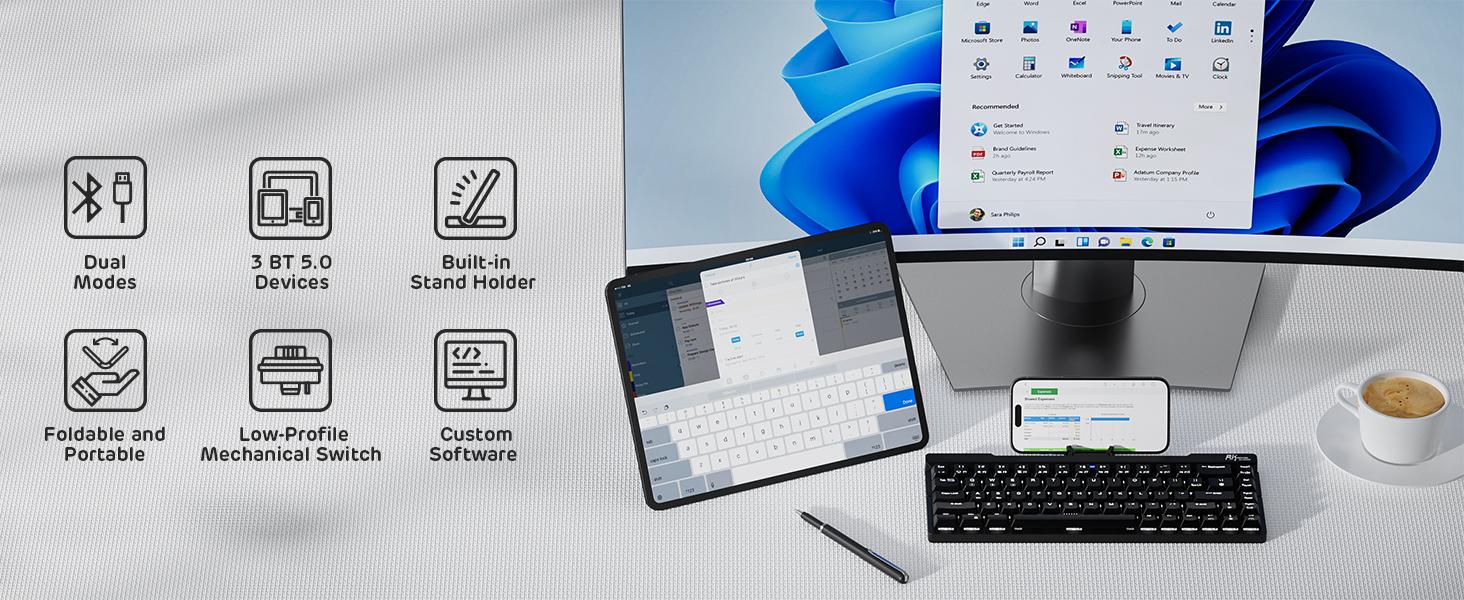 RK ROYAL KLUDGE F68 60% Foldable Low Profile Mechanical Keyboard, Wireless Mechanical Keyboard with Aluminum Body, Built-in Stand Holder, White Backlit, 68 Keys, Quiet Red Switch