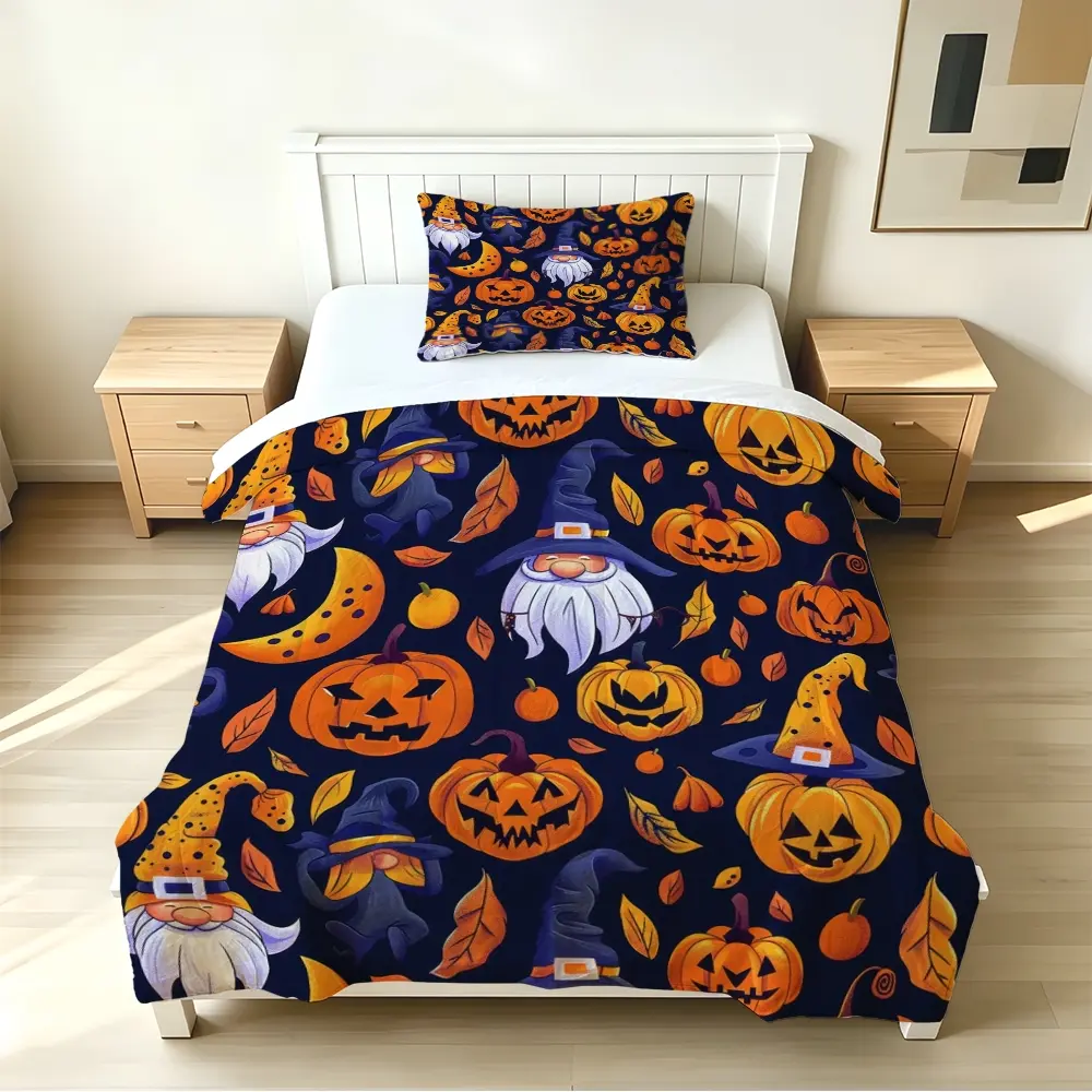 2/3pcs (1 comforter + 2 pillowcases) Microfiber Halloween Bedding Set, Soft Lightweight Cozy Fade Resistant All Season Comforter Set with Gnome & Jack-o'-Lantern Print, Perfect for Bedroom Dorm Guest Room, with filler, no pillow inserts