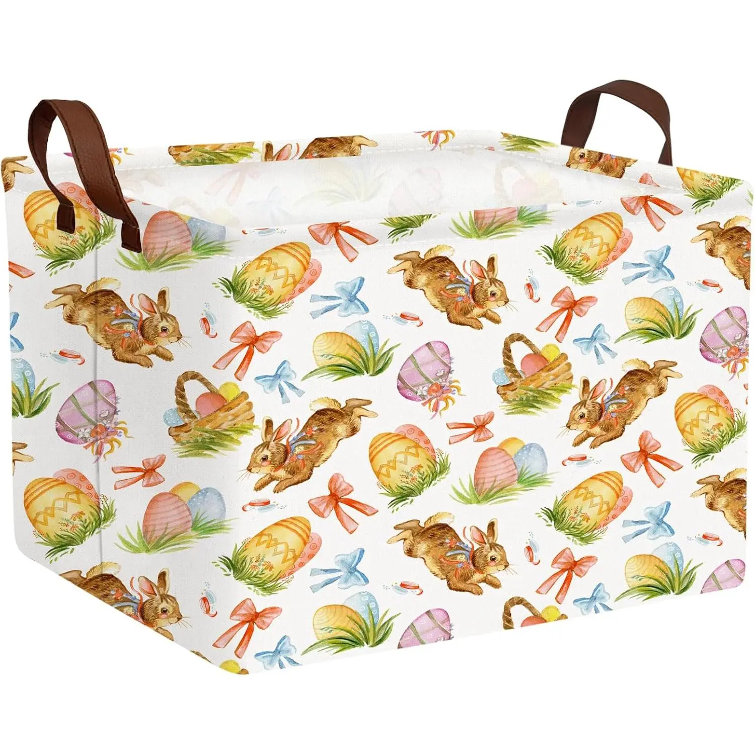 Large Easter Basket  Empty Cute Easter Storage Bin  Room Bunny Egg Decor (Colorful-01)