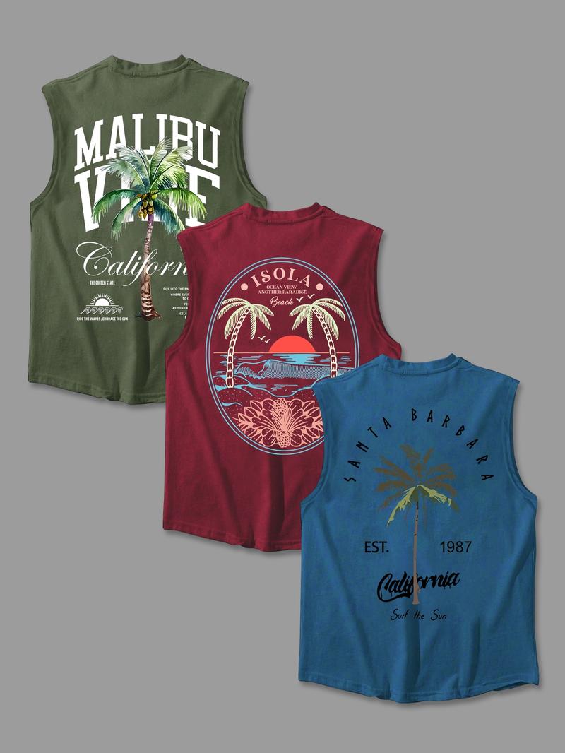 Men's Letter & Palm Tree Print Round Neck Tank Top, Regular Fit Casual Graphic Sleeveless Vest for Summer, Men's Top for Daily Wear, Menswear, Tank Tops Workout