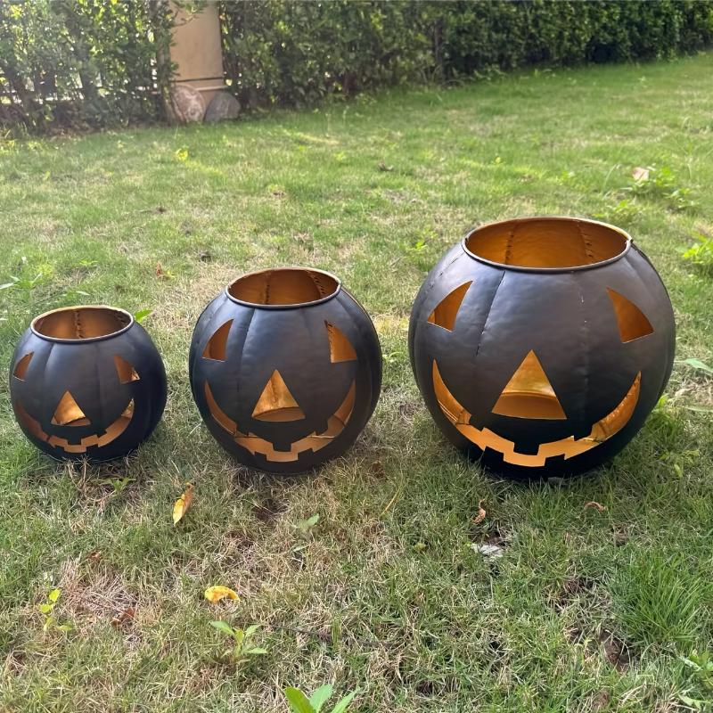 3pcs Halloween Metal Pumpkin Decorations - Black Hollow Face Design, Stackable & Durable, Indoor/Outdoor Use, Easy Assembly, No Candle Included, Perfect for Halloween Festivities, Halloween Decorations