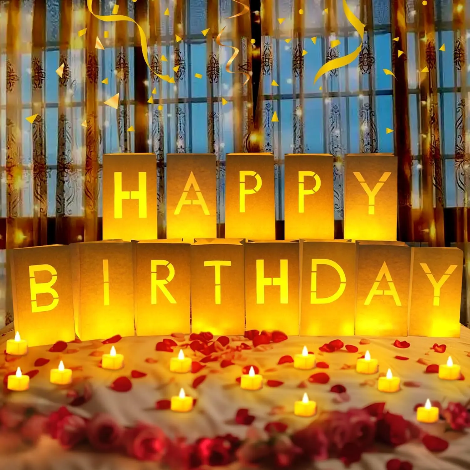Happy Birthday Decorations for Women Men, Light Up Letters Luminary Bags | 2000 count Rose Petals and 30 count Candles Set, Birthday Party Banner Signs,  include, Easy Setup