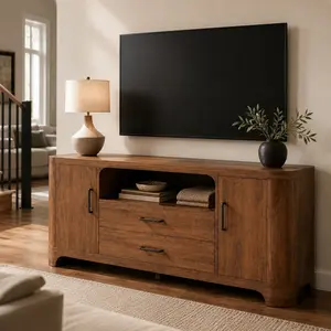 ARCH VIBE HAUS 70.8"w x 15.7"d x 23.6"h Wood Grain MDF TV Stand, Sturdy, Fits 80-in TVs, Curved Sides, 3 Drawers, 1 Open Shelf, 2 Cabinets, Metal Handles, Adjustable Features, Assembly Required, for Living Room
