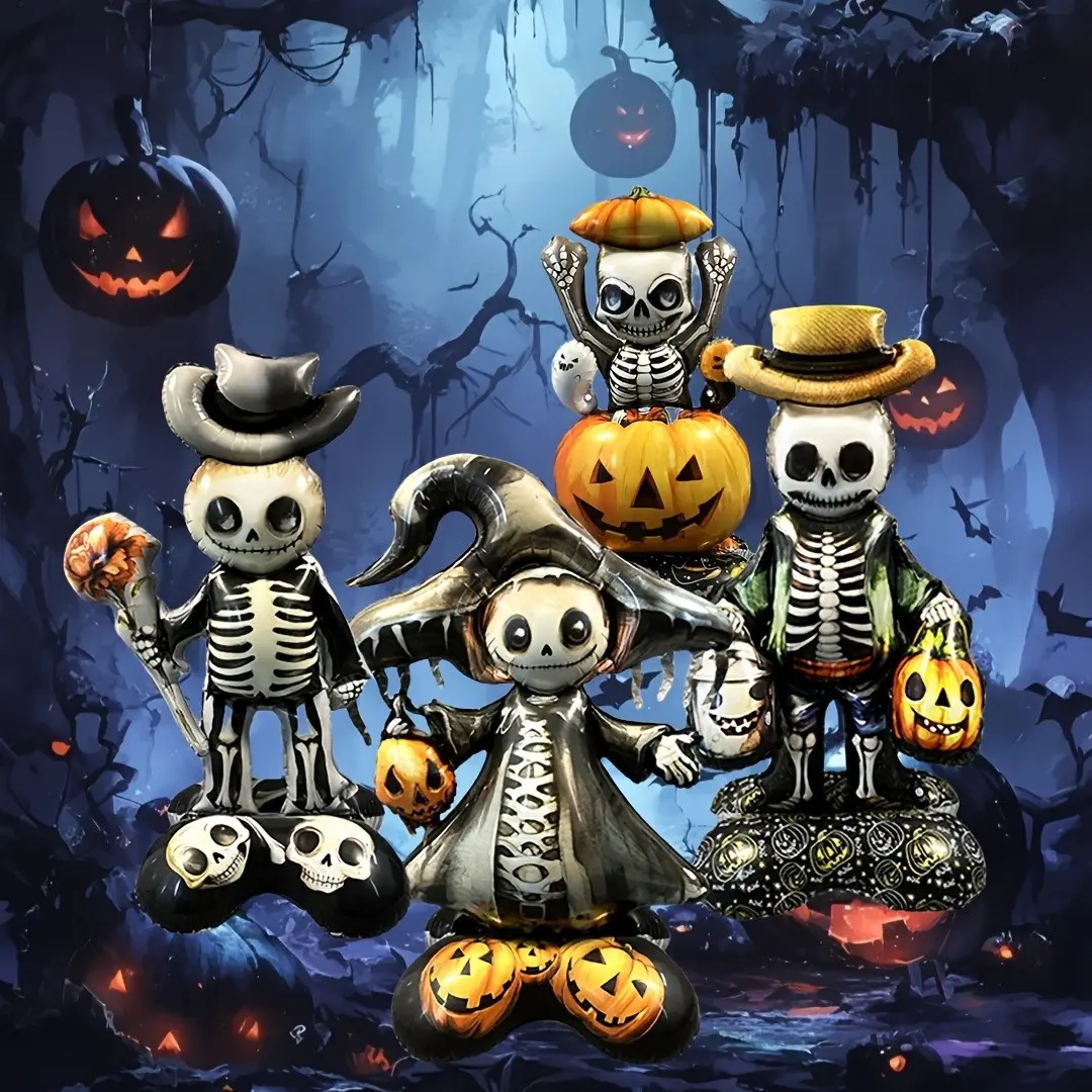 4Pcs Standing Skeleton Foil Balloons, 3D Self-Sealing Inflatable Balloons with Pumpkin & Ghost Bucket Shapes, Spooky Halloween Home, Fireplace Decor, Party Photo Booth Props