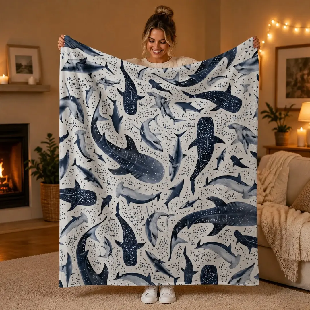 Watercolor Blue Shark Pattern Flannel Throw Blanket, Whale Shark & Marine Shark Print on Off White Background, Soft Lightweight Ocean Themed Blanket for Sofa Bedroom, Ideal Gift for Ocean and Shark Lovers