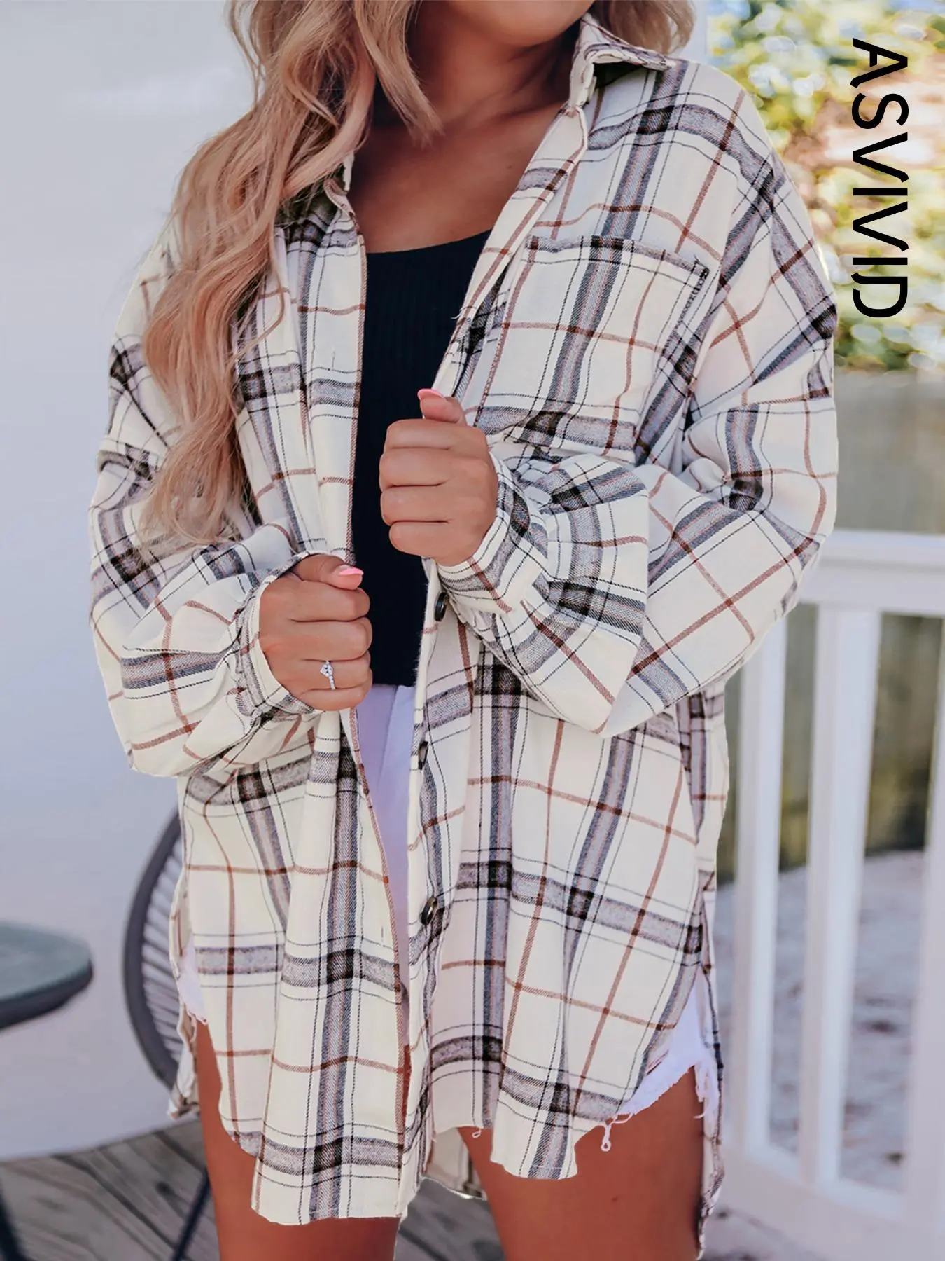 Women's Plaid Print Button Front Collared Blouse, Long Sleeve Casual Pocket Drop Shoulder Top for Spring & Fall, Ladies Clothes for Daily Wear