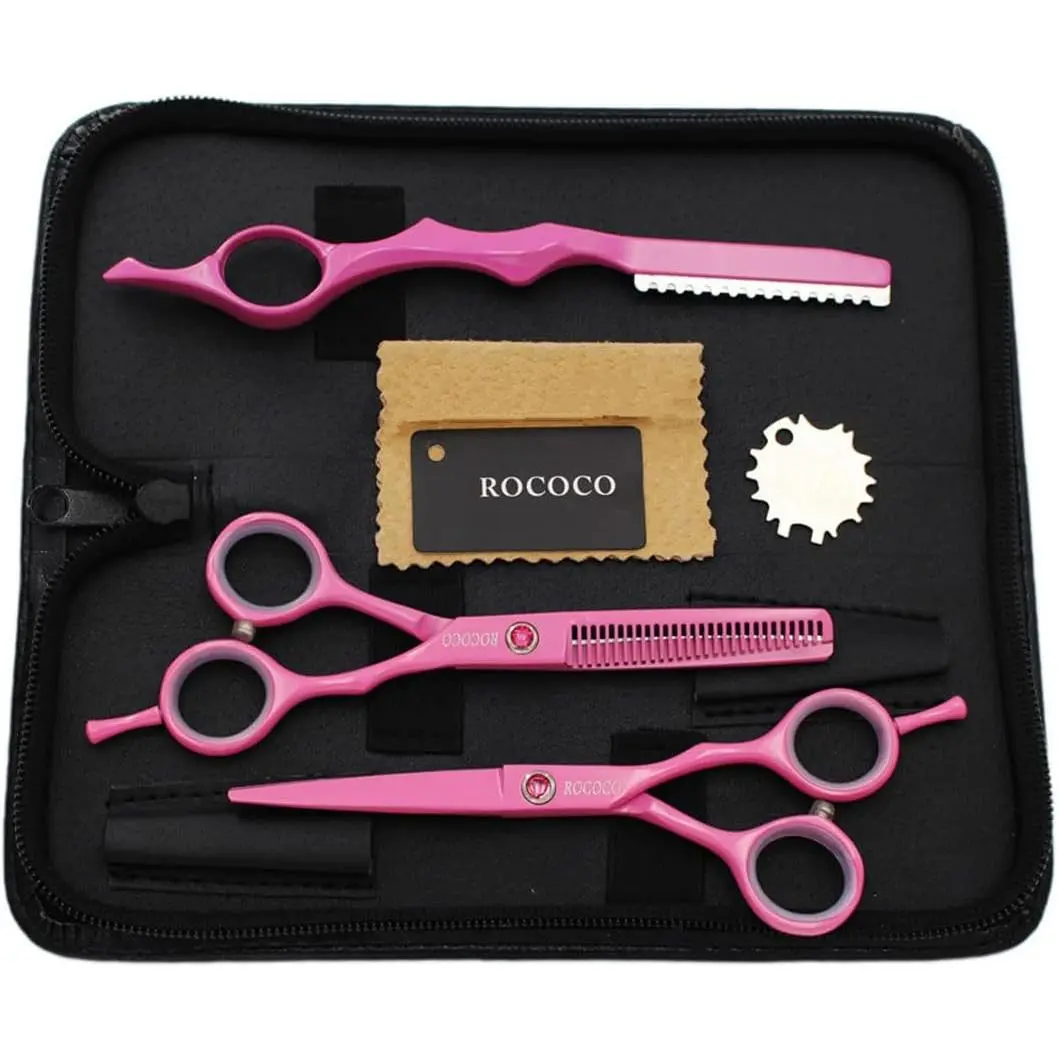 5.5 inch Hair Cutting Scissors Set with Razor for Barbers Pink | Japanese 440C Steel Barber Shears, Ergonomic Offset Handle, Includes Straight & Thinning Scissors with Adjustable Screw