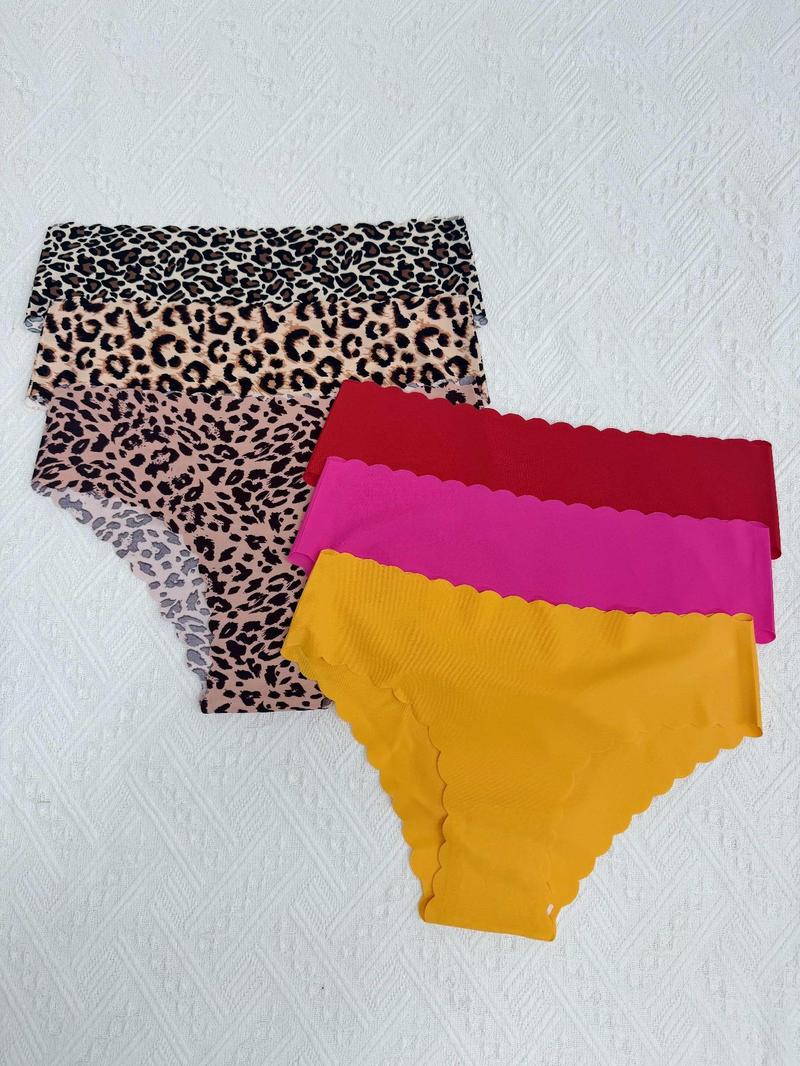 Women's Plain/Leopard Print Scallop Trim Knicker, Soft Comfy Breathable Drop Waist Panty for Daily Wear, Ladies Underwear for All Seasons