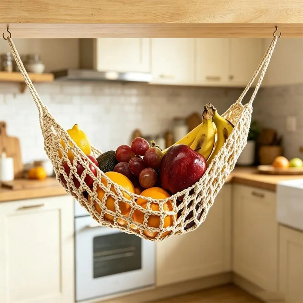 Hanging Hammock Net, Boho Minimalist Macrame Produce Storage, Handwoven Space Saver for Open Kitchens, Kitchen, Hanging Fruit Basket, Lightweight