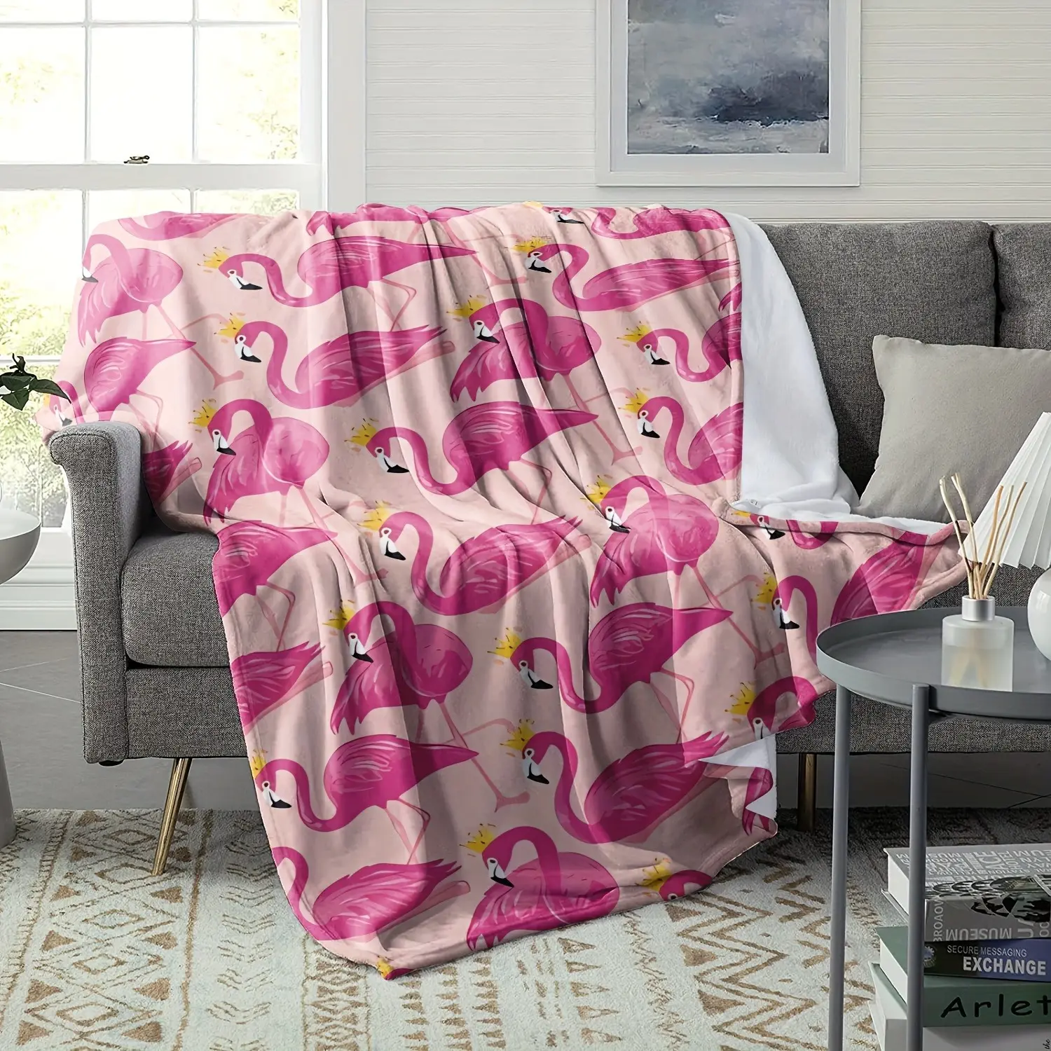 1PC Crown Flamingo Watercolor All Over Print Flannel Blanket, Light Nude Pink Background Pink Flamingo With Gold Crown Soft Throw Blanket, Tropical Flamingo Lover Nap Cover For Sofa Office, All Season Soft Pink Vacation Aesthetic Decor Bed Throw