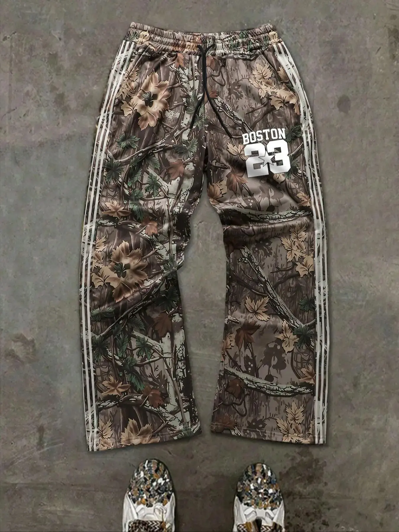 Men's American Vintage Camo Maple Leaf Micro Flare Sweatpants, Boston23 Side Three Stripes Loose Sports Long Pants, All Season Casual Wear