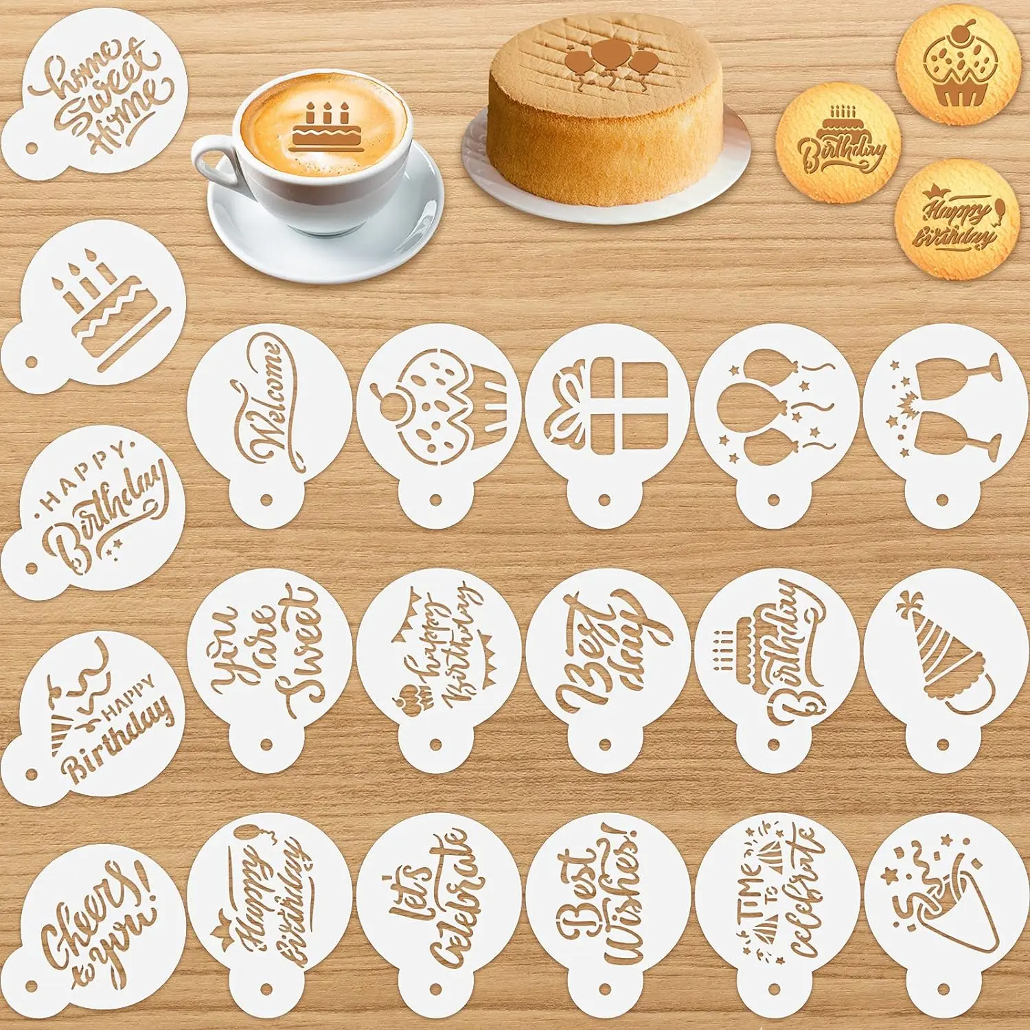 20 count Birthday Cookie Stencil Templates Decoration Cookie Stencil for Birthday Coffee Cake Templates  Painting Mold Tools, Dessert, Coffee Decorating Mold(Cake Style)