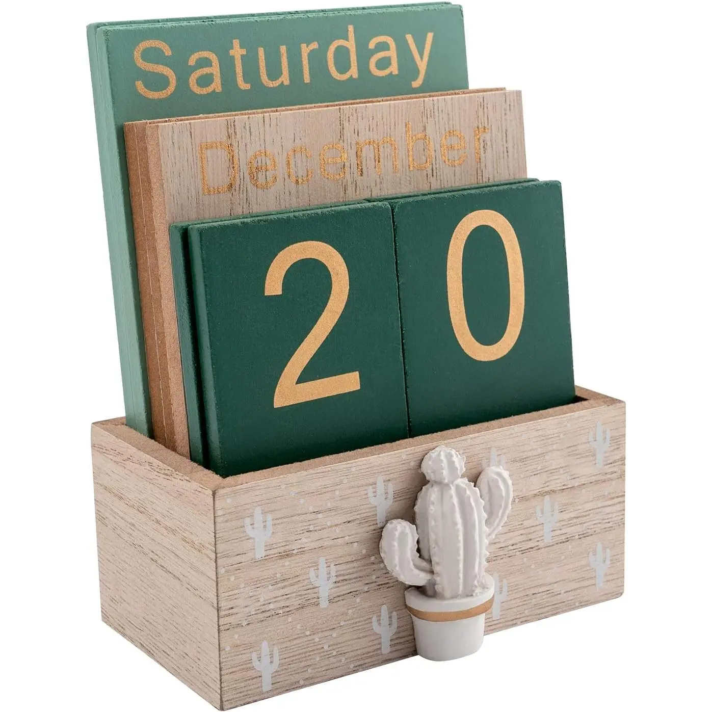 Perpetual Calendar, Wooden Calendar for Home Office Desk Accessories Vintage Wood Block Calendar(Green)