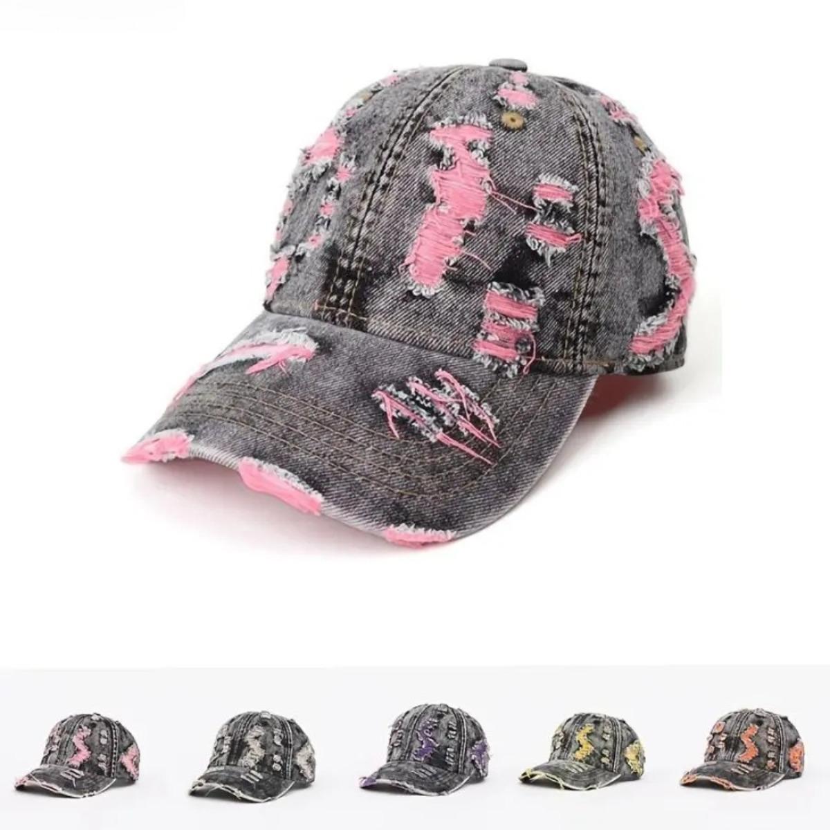 Unisex Distressed Washed Baseball Cap – Vintage Denim Style (with pink and frayed details), Adjustable Snap Back (Suitable for outdoor travel and casual streetwear), Unisex Comfortable Washed Cap (Ideal Gift) – Available in Multiple Colors