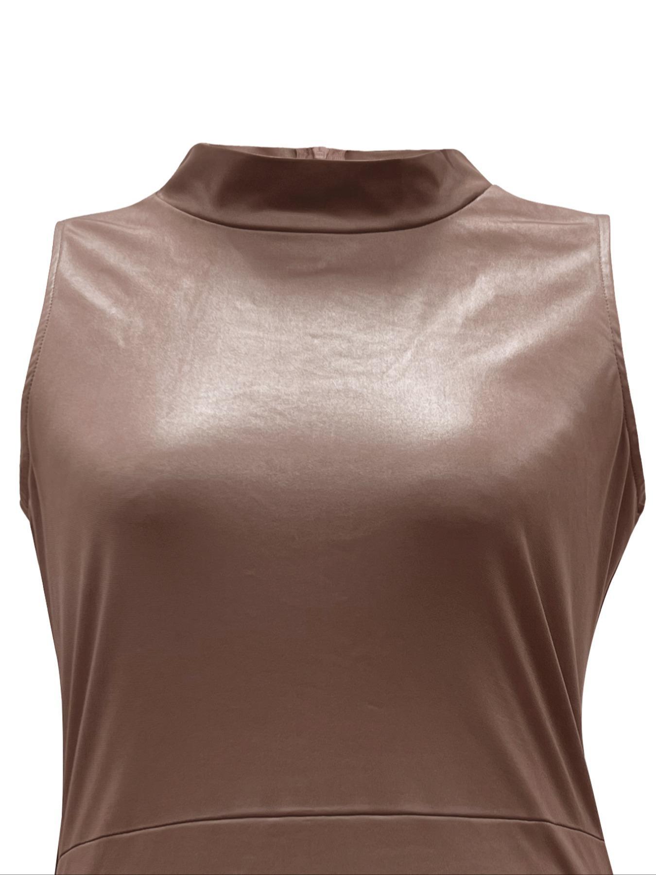 Women's Solid Color Mock Neck Dress, Chic Fashion Casual Side Split Sleeveless Dress for Daily Outdoor Wear, Women Dress for Summer