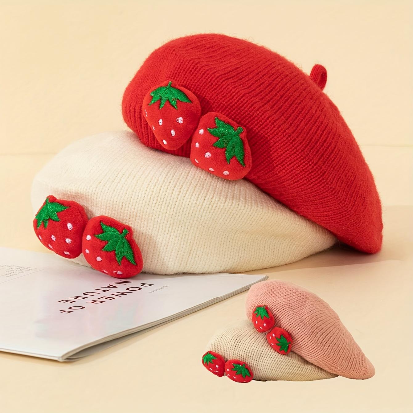 Girls' Strawberry Knit Beret Hat - Stretchy Lightweight Winter Hat with Red Strawberries, Soft Pastel Colors (Pink, Yellow, Green, Blue, Purple) - Christmas, Thanksgiving, New Year Party Outfit - for Ages 3- - Easy-Care Kids' Formal & Everyday Winter Acce
