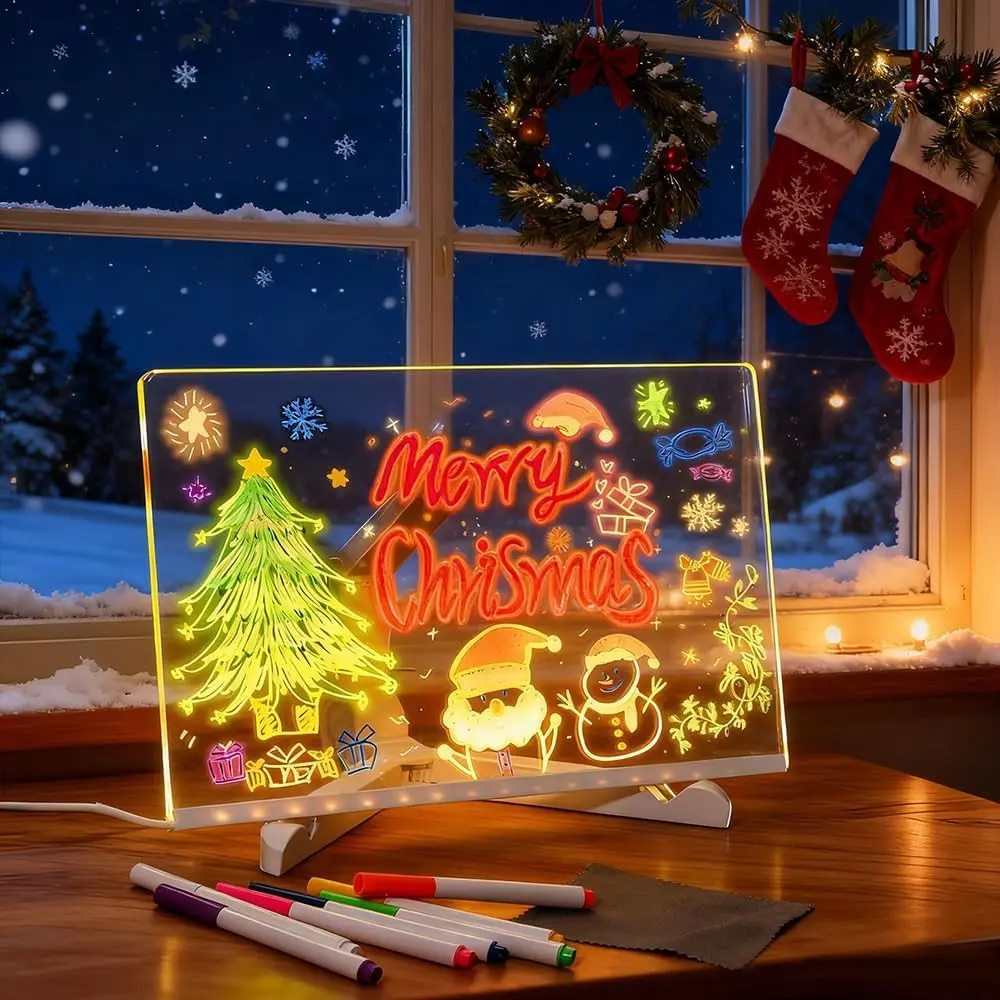 2026 New Upgrade Colored LED Illuminated Acrylic Message Board, Light Up Dry Erase Drawing Notepad with Adjustable Tripod Stand, 7 Color Pens and 2 Wipes for Home Office School Kids, Perfect Gift for Halloween, Christmas & New Year