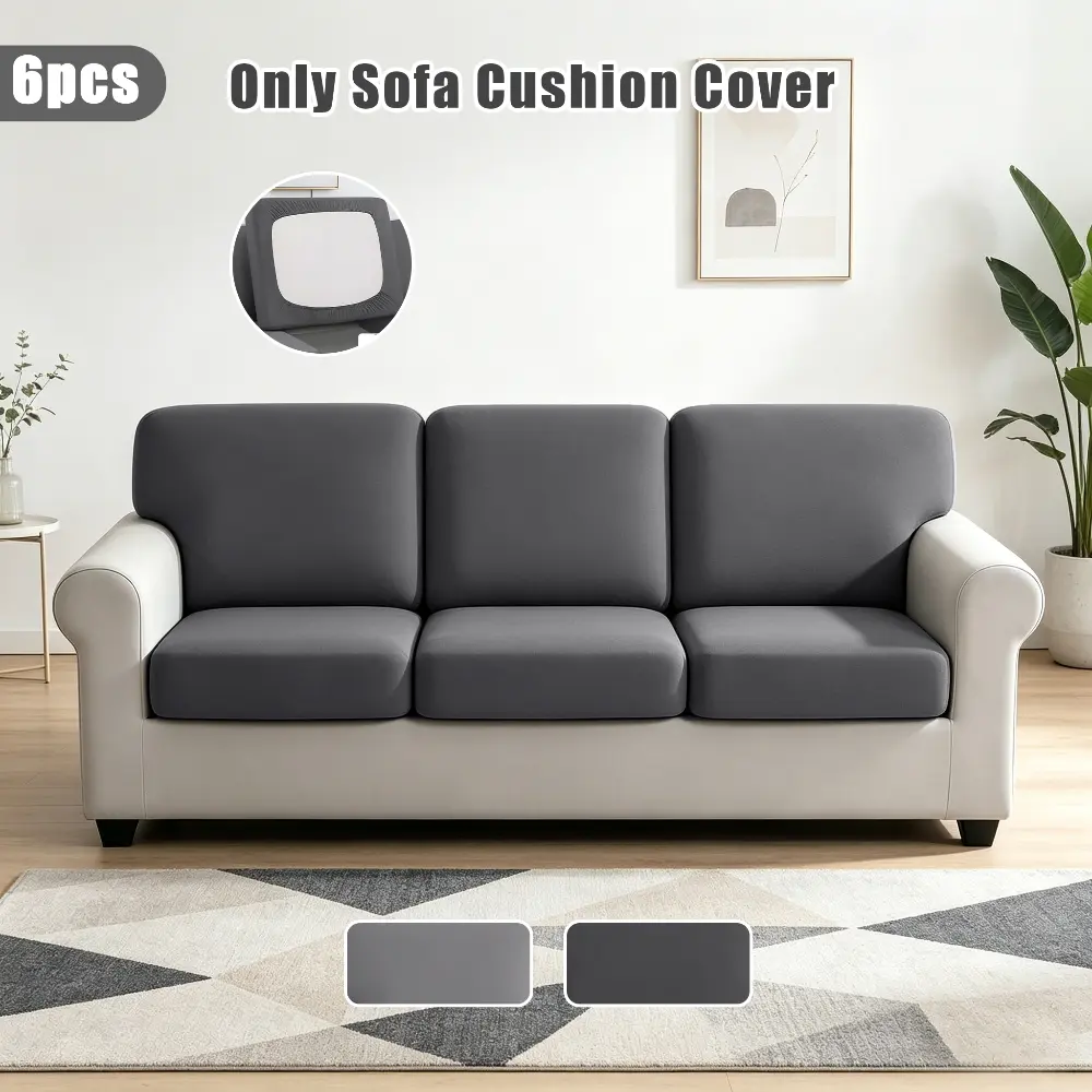 6PCS Soft Stretch Sofa Cover Solid Color Dustproof Sofa Seat Cushion Cover Back Cover Easy To Install Removable Home Decor Sofa Cover Washable Sofa Covers