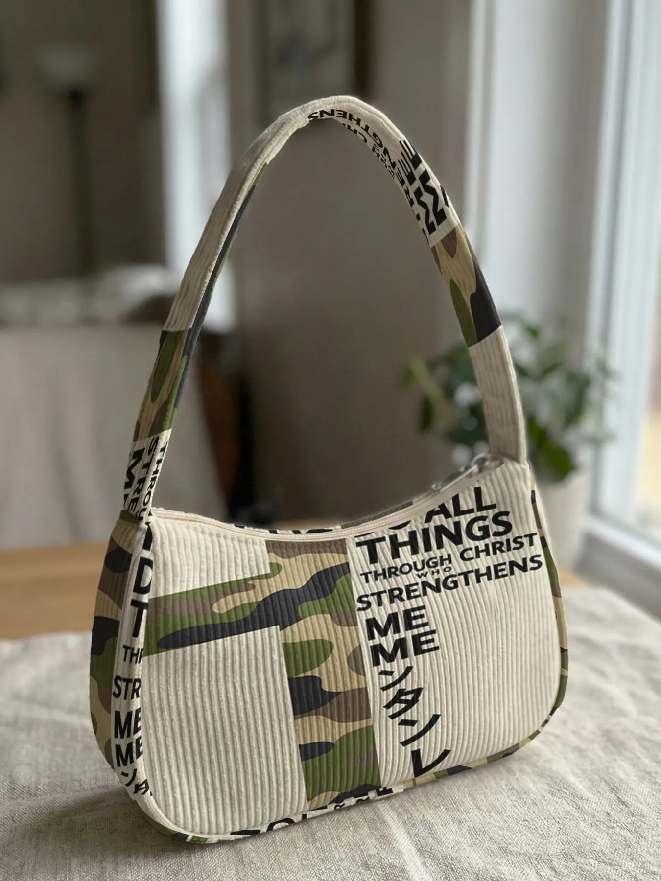 Textile Camouflage Pattern 2D Printed Shoulder Bag, Velvet Underarm Bag, Retro Style, Daily Use, Dating, Shopping, Travel