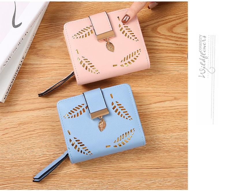 Leaf Short Wallet for Women Korean Style Hollowed Out Fashion Trend Change Zipper Card Bag PUCortical Embossed Leather Daily Matching