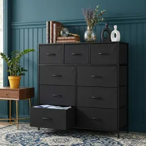 Tall 9-Drawer Fabric Storage Dresser Chest, Wood Top Clothes Organizer Cabinet with Sturdy Steel Frame & Smooth Pull Handles, Removable Fabric Bins Space Saving Storage Tower for Bedroom Closet Hallway Entryway Apartment Dorm Home Organization Furniture