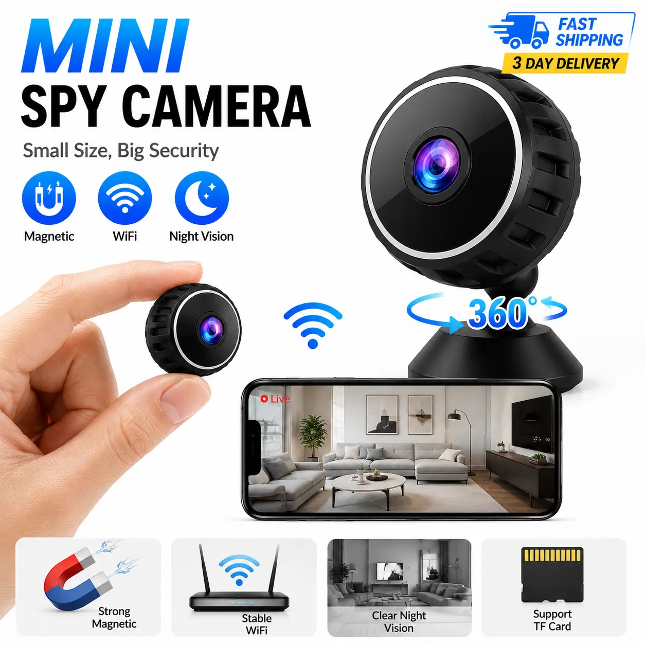 Mini WiFi Magnetic Security Camera, 960P HD Video Recording Camera, Night Vision Wireless Security Cameras, Office & Car Monitoring, WiFi Indoor Camera, Wireless Surveillance Camera