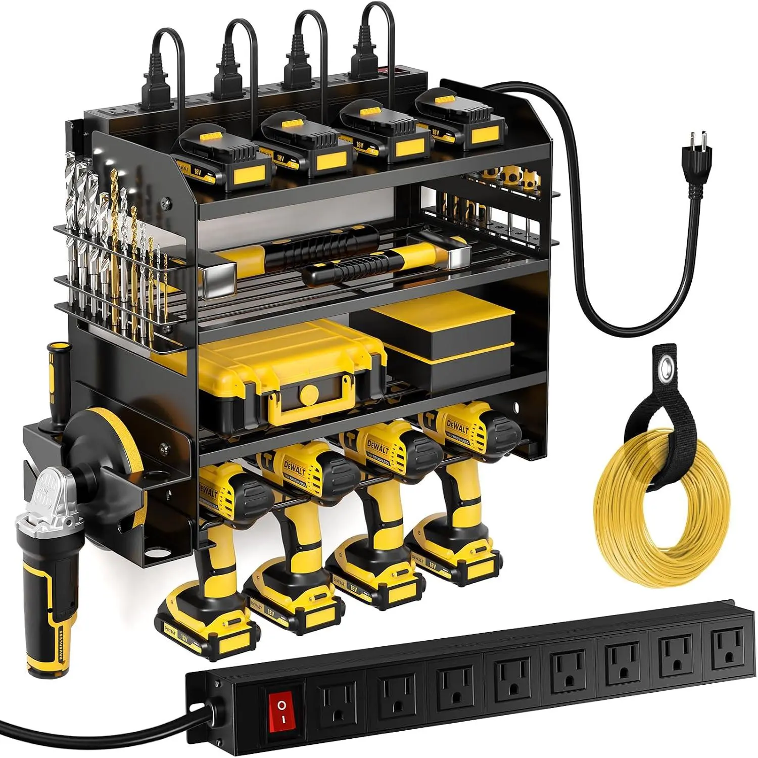 Power Tool Organizer Wall Mount with  Station,Tool Storage Rack with 8 Outlet Power Strip,Heavy Duty Metal  Utility Rack with 4 Cordless Drill Holder 6.56 Ft Cord for Garage