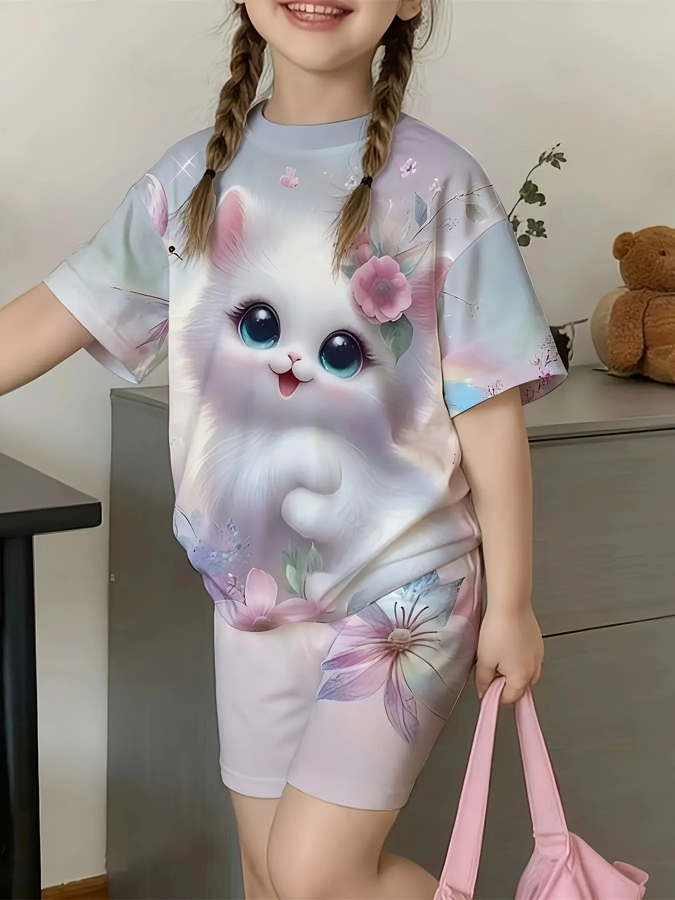 Toddler Girls Ombre Pastel Blue Pink Short Sleeve Tee Big Eyed Smiling White Kitten Flower Print 2 Piece Set, Oversized Top + Stretch Biker Shorts Fairy Cartoon Cat Kids Summer Outfit 2–10Y