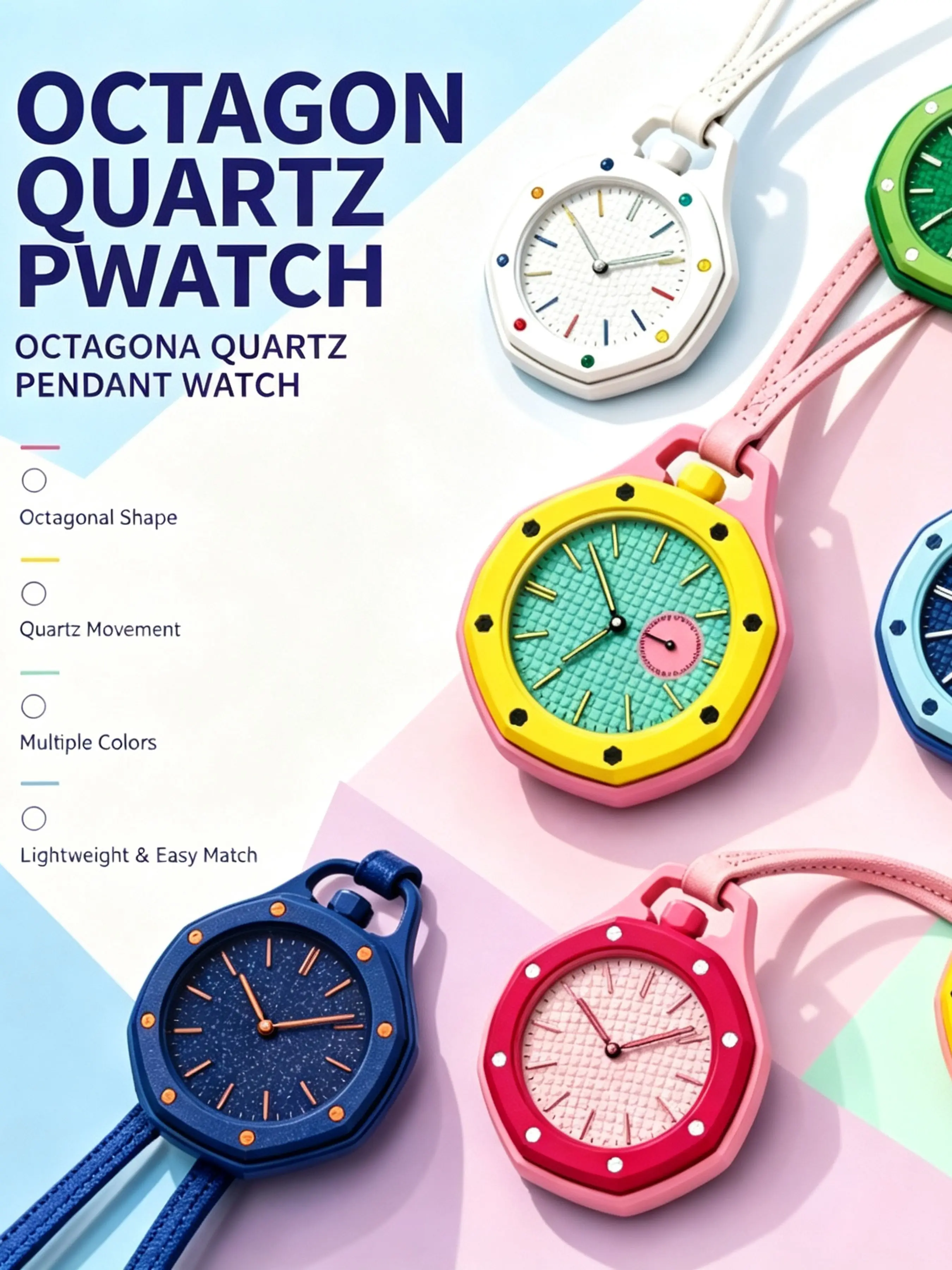 Trendy Colorful Hanging Watch with Lightweight Lanyard, Quartz Movement Mini Bag Charm Clock, Stylish Octagonal Design Portable Pendant Watch for Women, Perfect Gift Idea for Birthday and Holiday (Assorted Colors) Analogue Quartz Watch