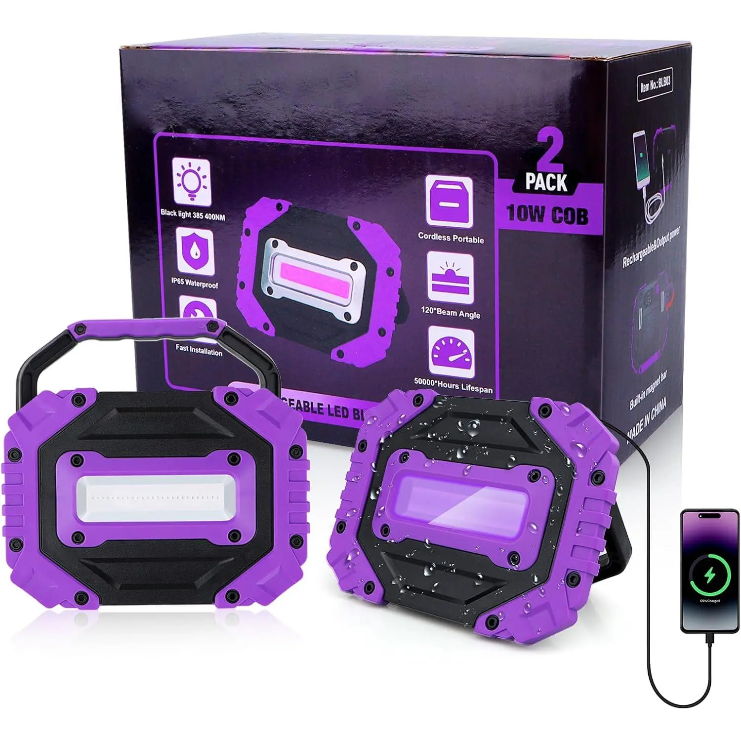 2 Pack Rechargeable Black Light, 5000mAh Cordless Battery Powered Magnetic Portable LED Blacklight, 395nm Ultraviolet Flood Light for Glow, Dark Party, Catfishing, Halloween(2 Pack)