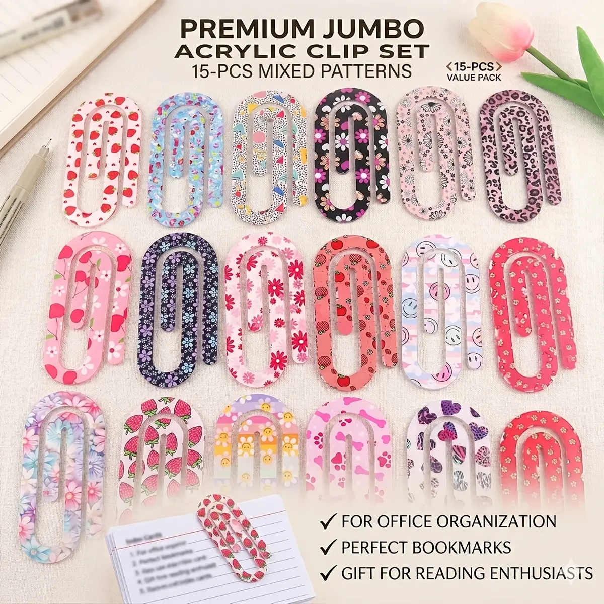 Jumbo Plastic Paper Clips, 15-Piece Multipack with Cute Mixed Cartoon Patterns, Gift for Reading Enthusiasts (mix 15pcs), Cartoon Characters, Mixed Patterns