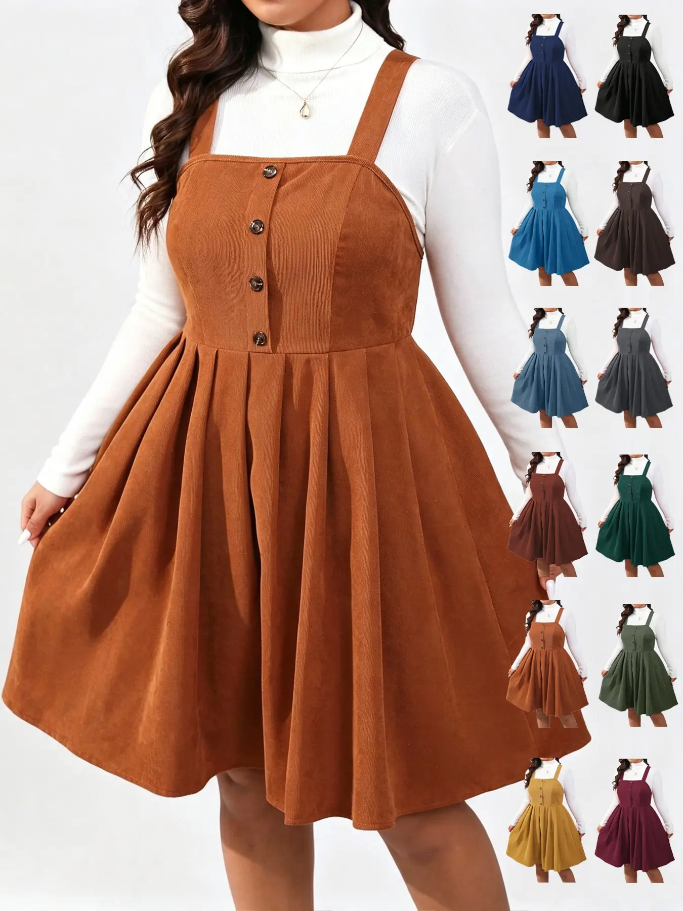 Plus Size Women Pleated Button Sleeveless Dress, Vintage Corduroy Square Neck Strap Skirt, Fall Winter Layering Essential, Casual Fitted Style