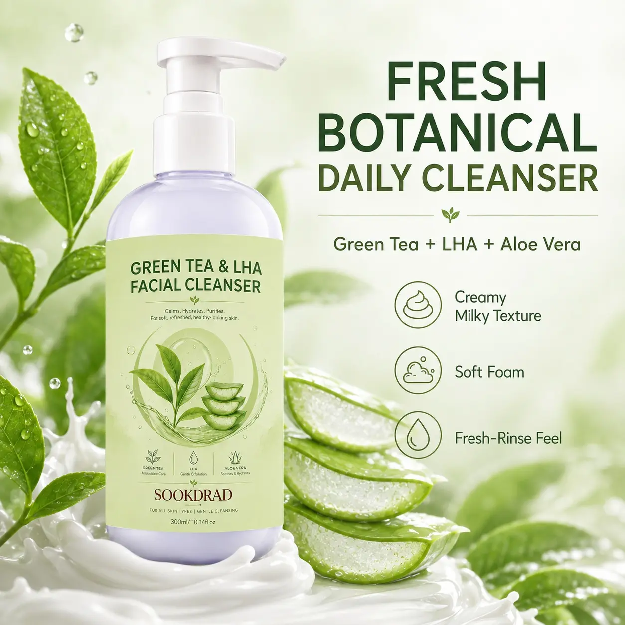 Green Tea & LHA Facial Cleanser, contains Green Tea, LHA, Aloe Vera, Calming, Hydrating, Purifying, Gentle Exfoliation, Antioxidant Care, Suitable for all skin types, For face, 10.14fl oz, 300ml
