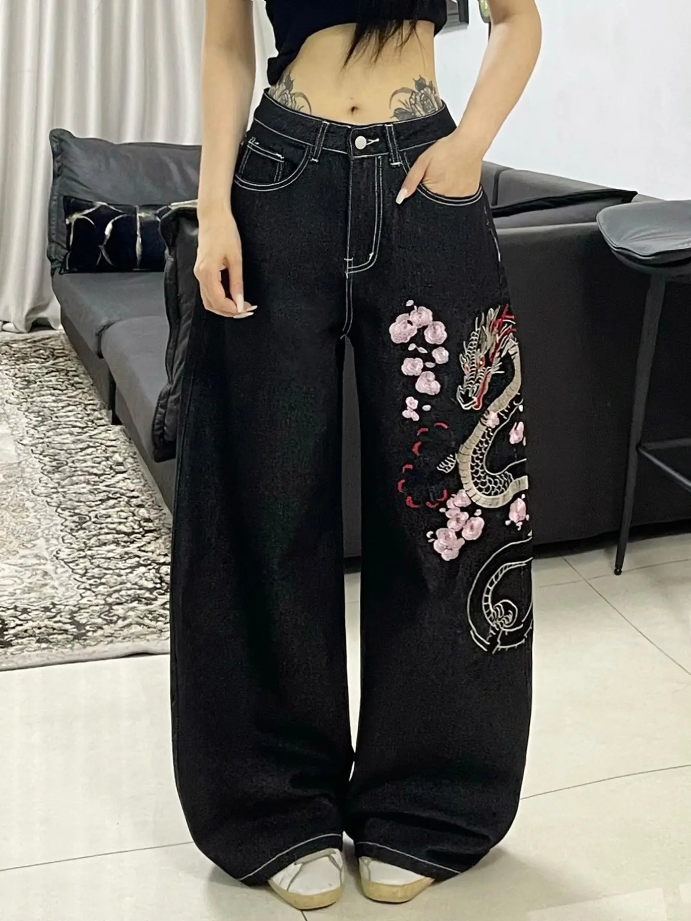 New Dragon Floral Embroidered Women's High Waist Jeans, Fashion Streetwear Style Loose Fit Oversized Wide Leg Pants, Breathable Denim Long Pants