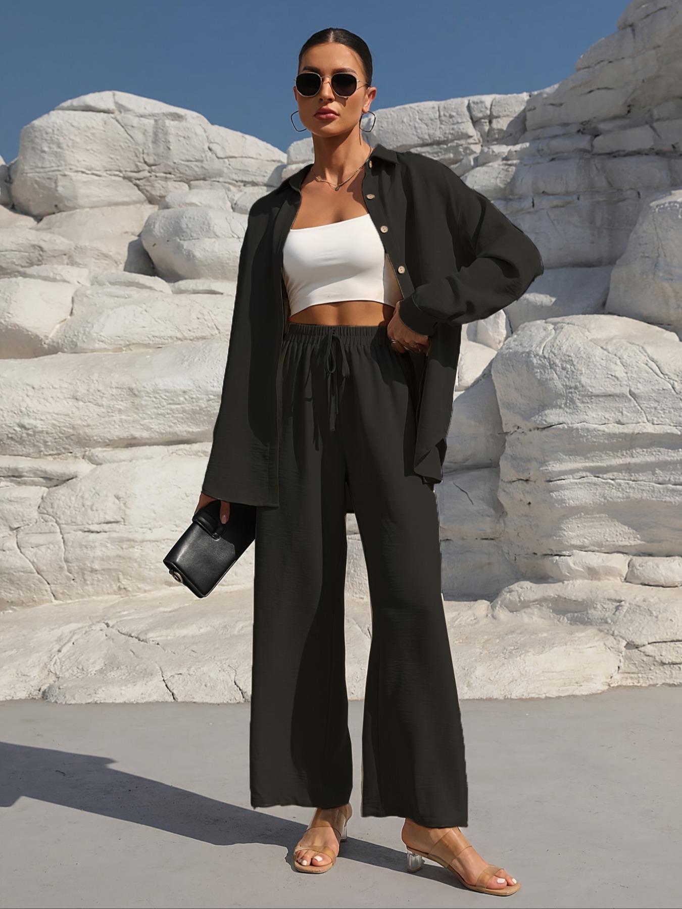 Women's Solid Collared Button Front Shirt & Tie Front Wide Leg Pants Two-piece Set Suits, Casual Drop Shoulder Long Sleeve Fitted Top & High Waist Trousers 2 Piece Set for Spring & Fall, Women's Clothes for Daily Wear, Linen Set, Womenswear